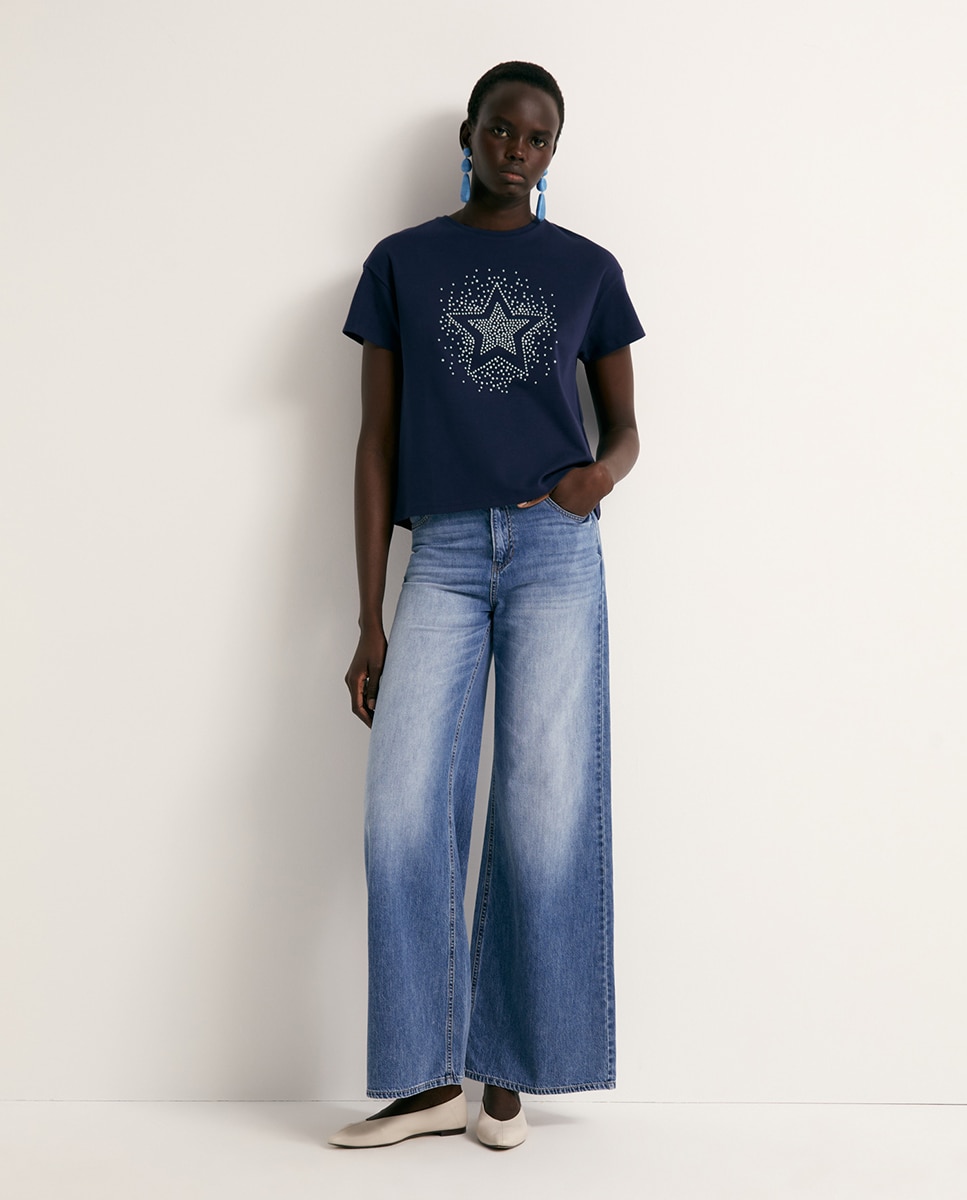 T-shirt com Pérolas à Frente Azul-marinho-2
