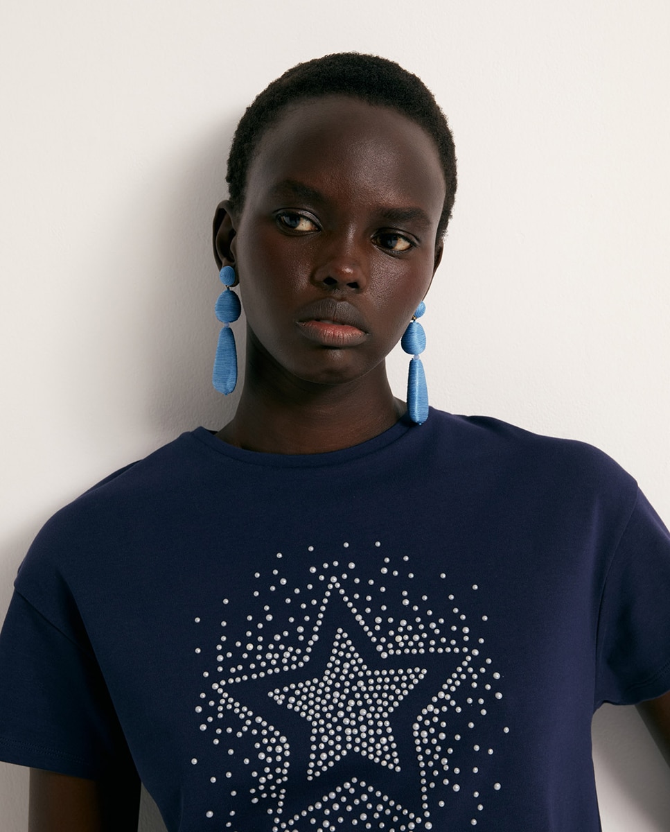 T-shirt com Pérolas à Frente Azul-marinho-3