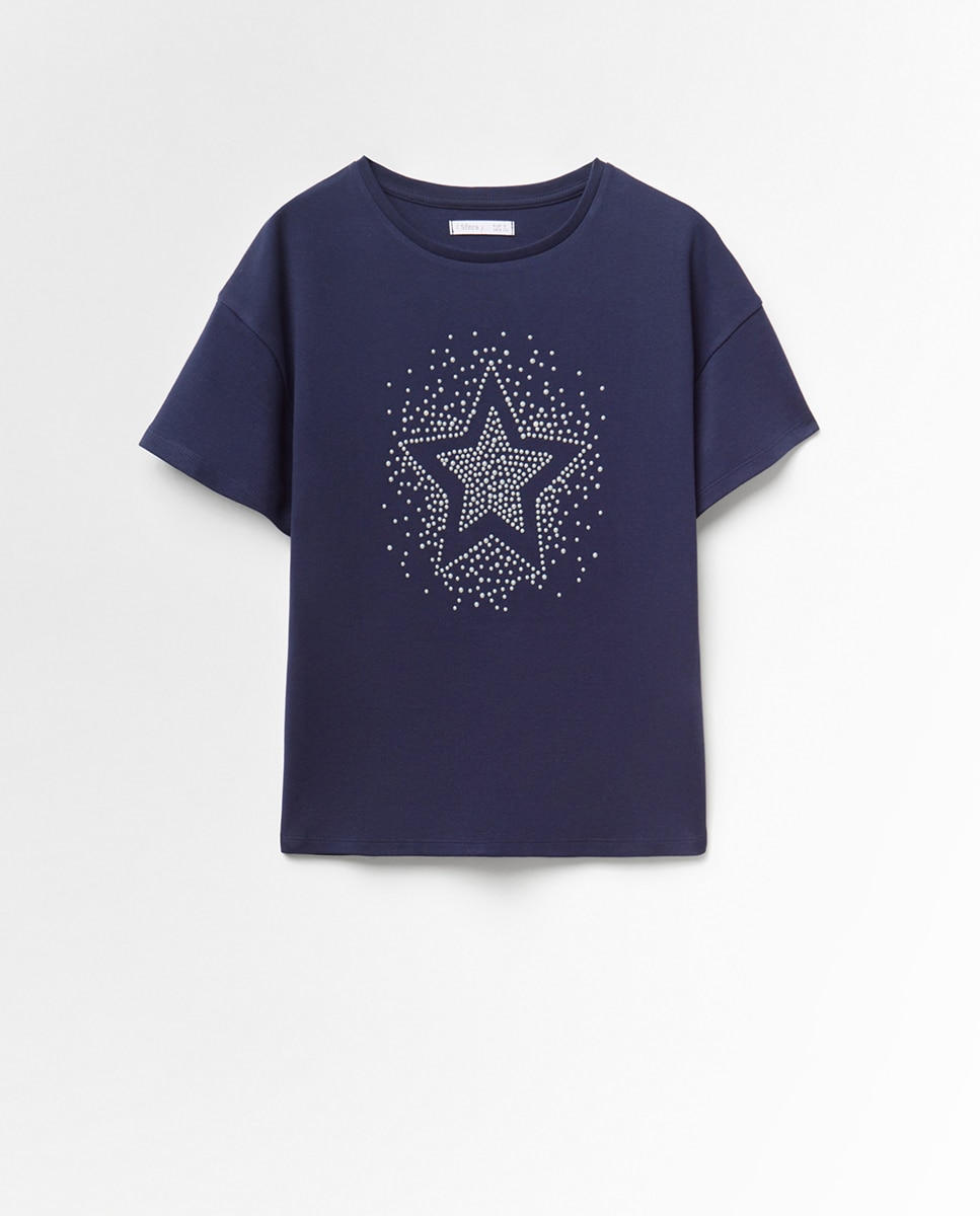 T-shirt com Pérolas à Frente Azul-marinho-5