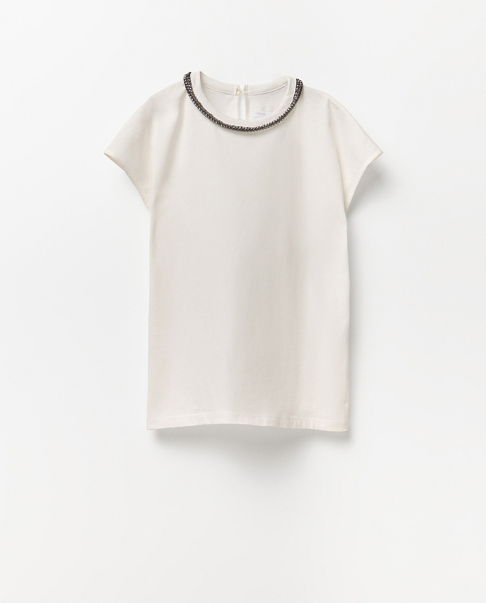 T-shirt com Detalhe de Brilhos Cru-6