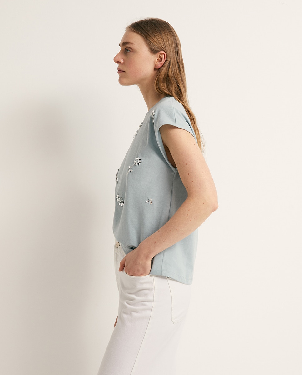 T-shirt com Detalhe de Brilhos Azul-claro-4