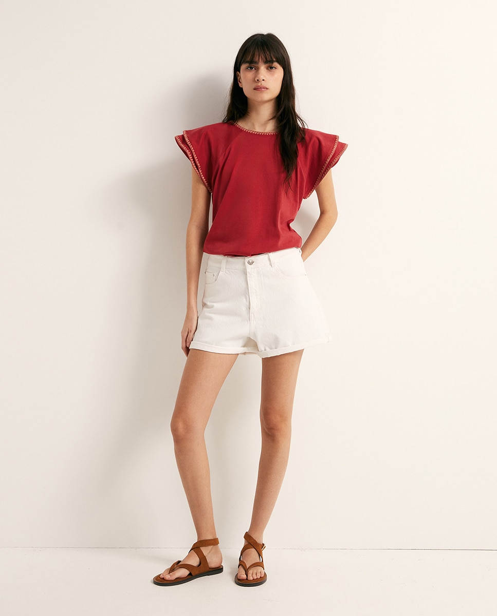 T-shirt com Folhos Rosa-2