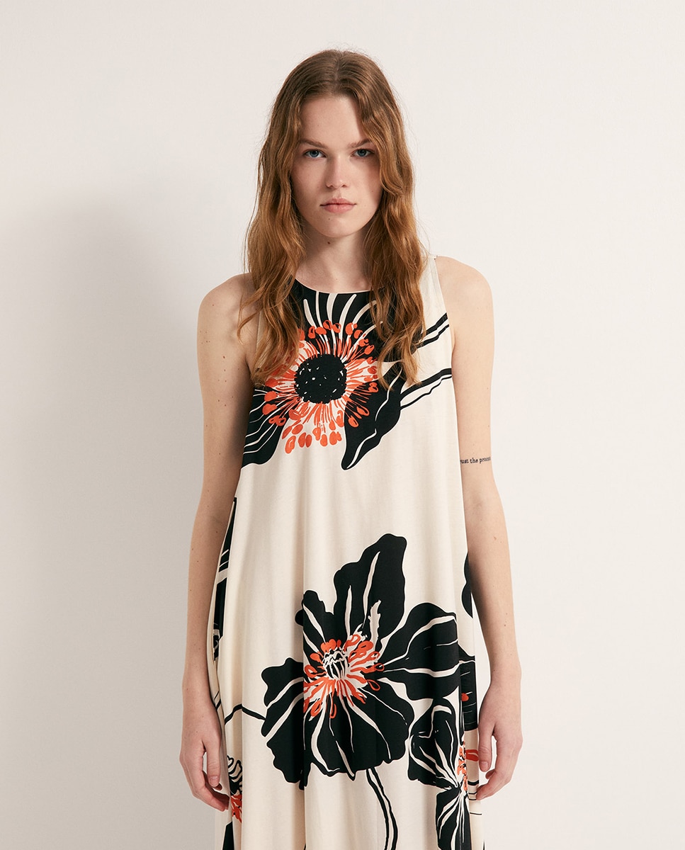 Vestido Evasé Estampado Laranja-2