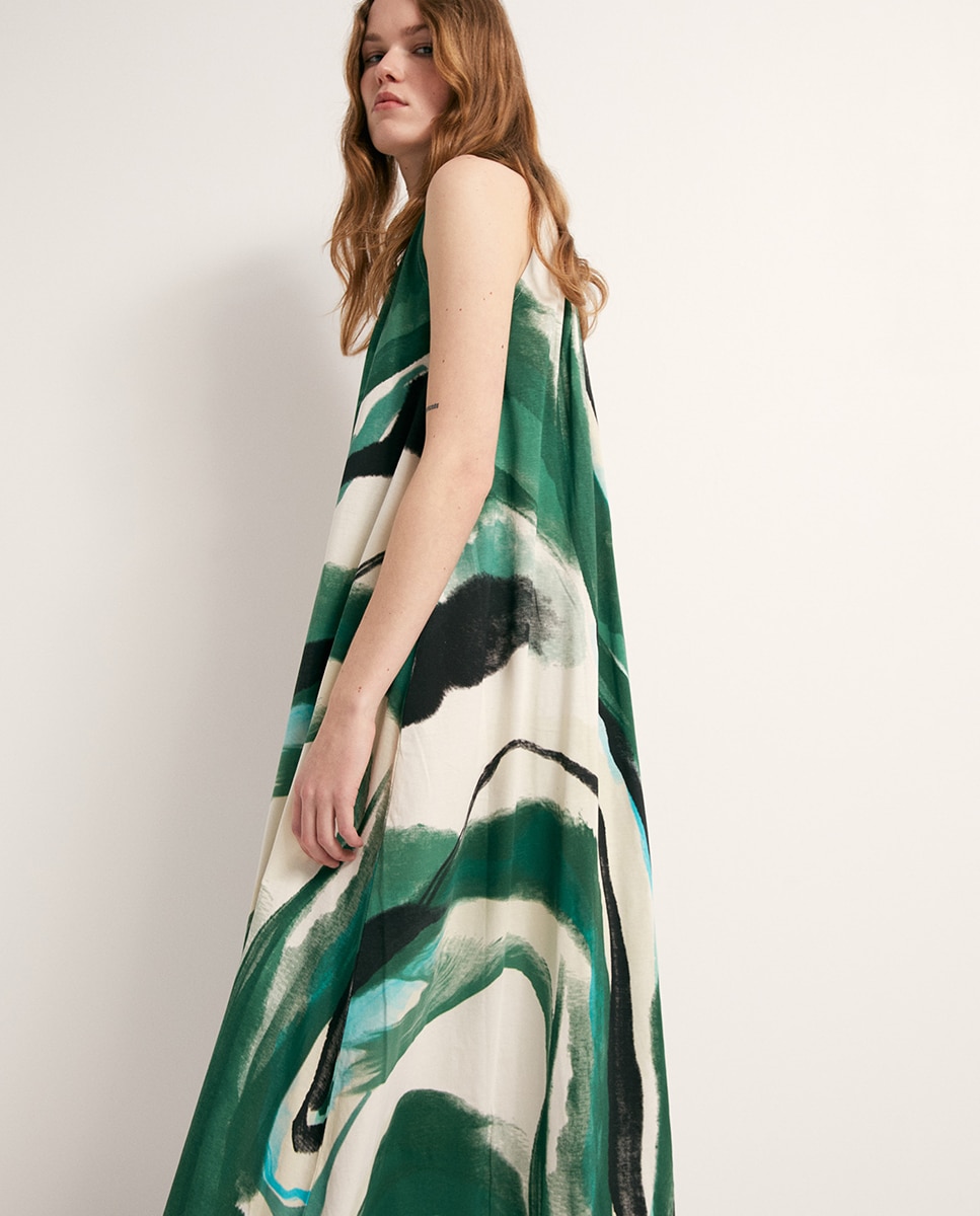 Vestido Evasé Estampado Verde-2