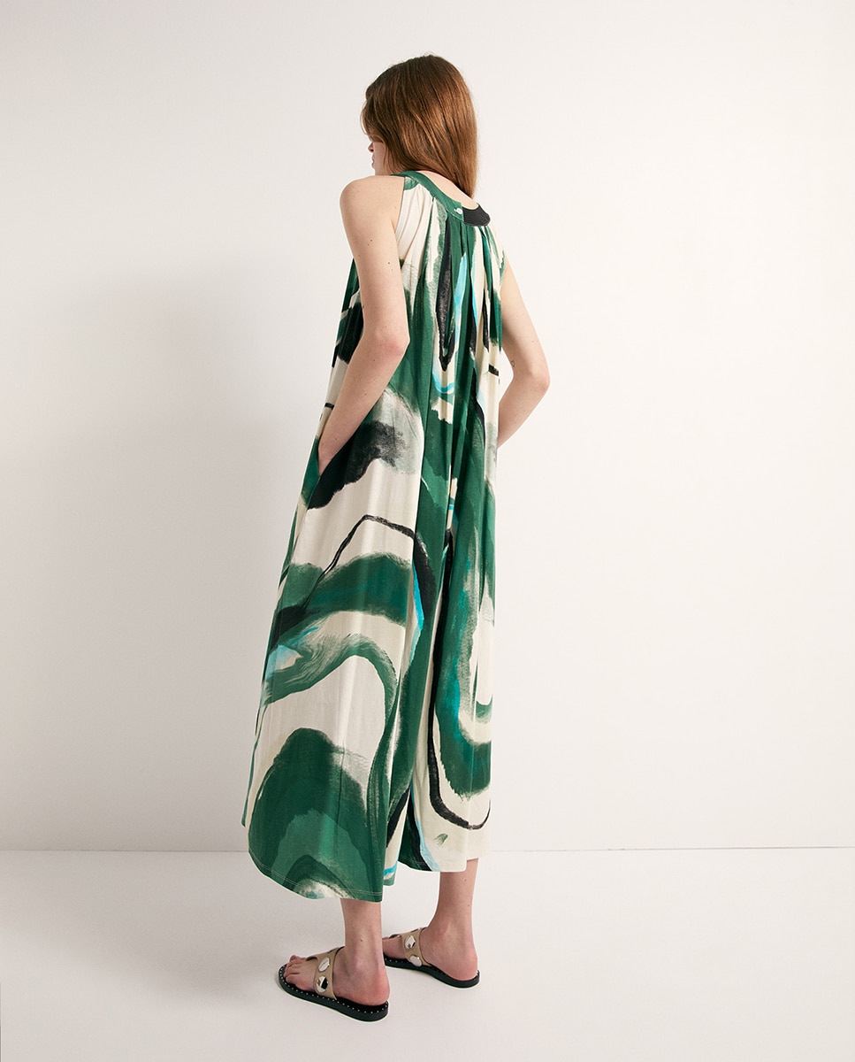 Vestido Evasé Estampado Verde-4