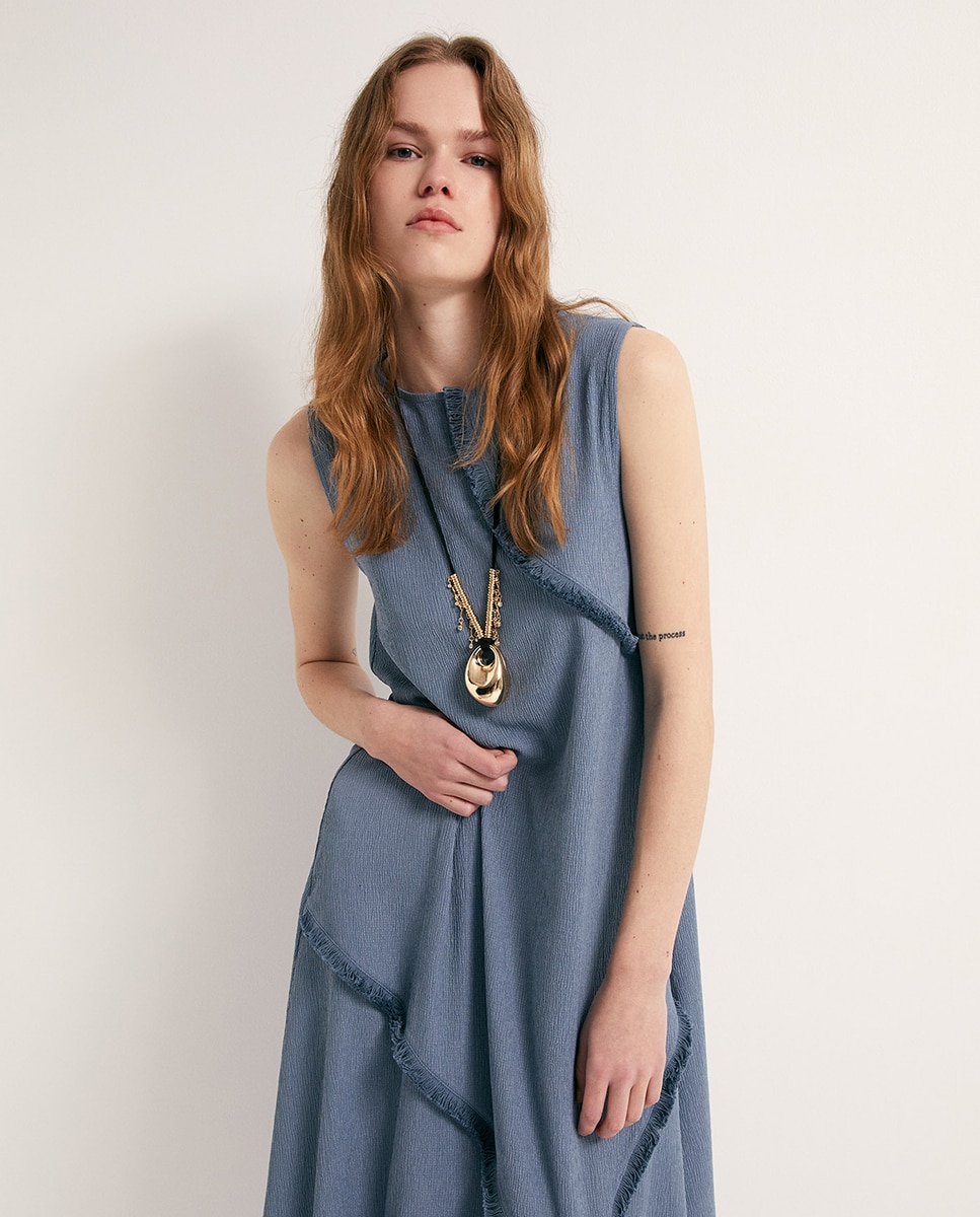 Vestido com Franja de Adorno Azul-2