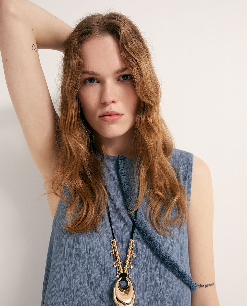 Vestido com Franja de Adorno Azul-3
