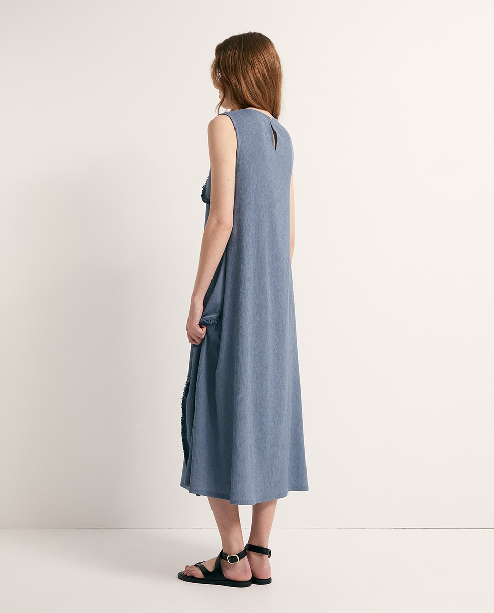 Vestido com Franja de Adorno Azul-4