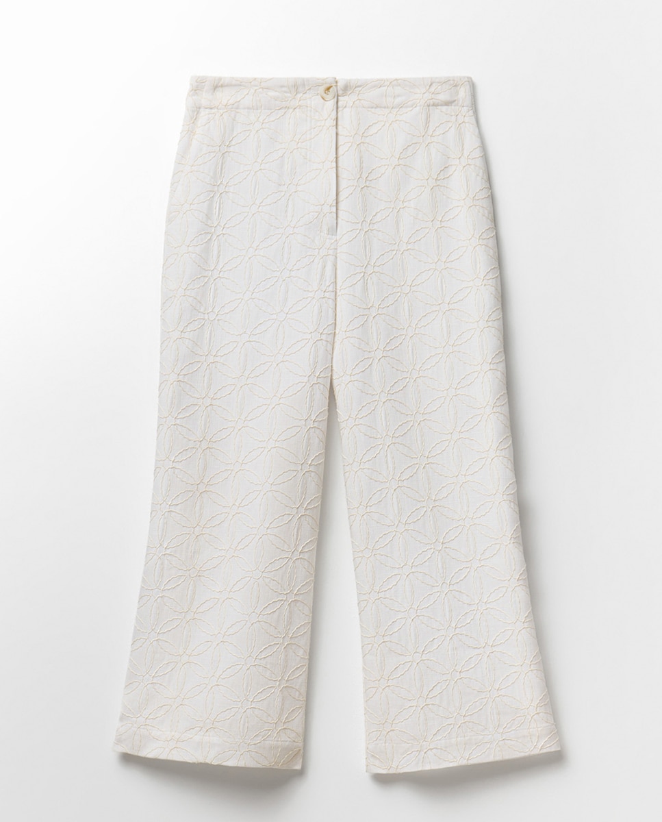 Calças de Linho com Bordado Branco-5