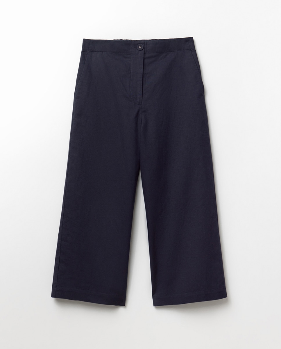 Calças Tipo Culotte de Linho Azul-marinho-4