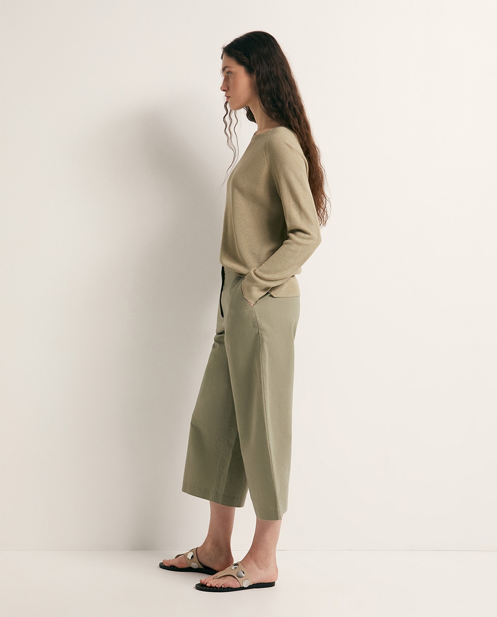 Calças Tipo Culotte de Linho Caqui-3