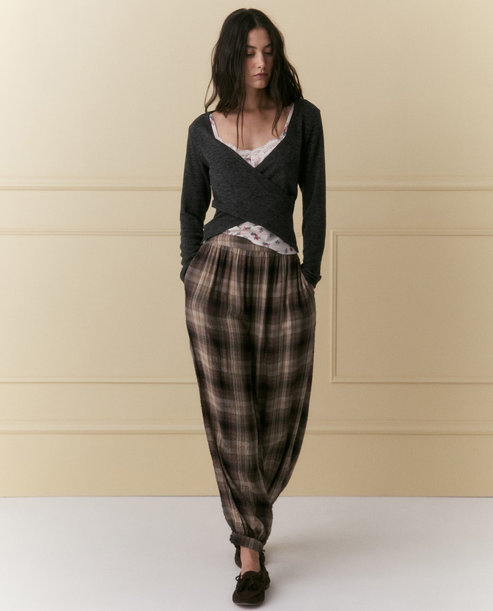 Imagen 0 de Pantalón ancho cuadros Beige