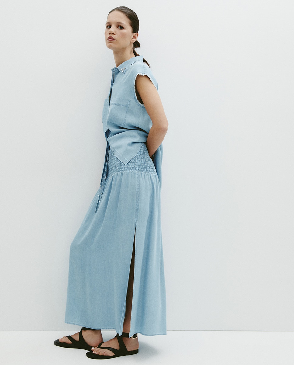 Saia de Tencel com Lavagem Azul-claro-3