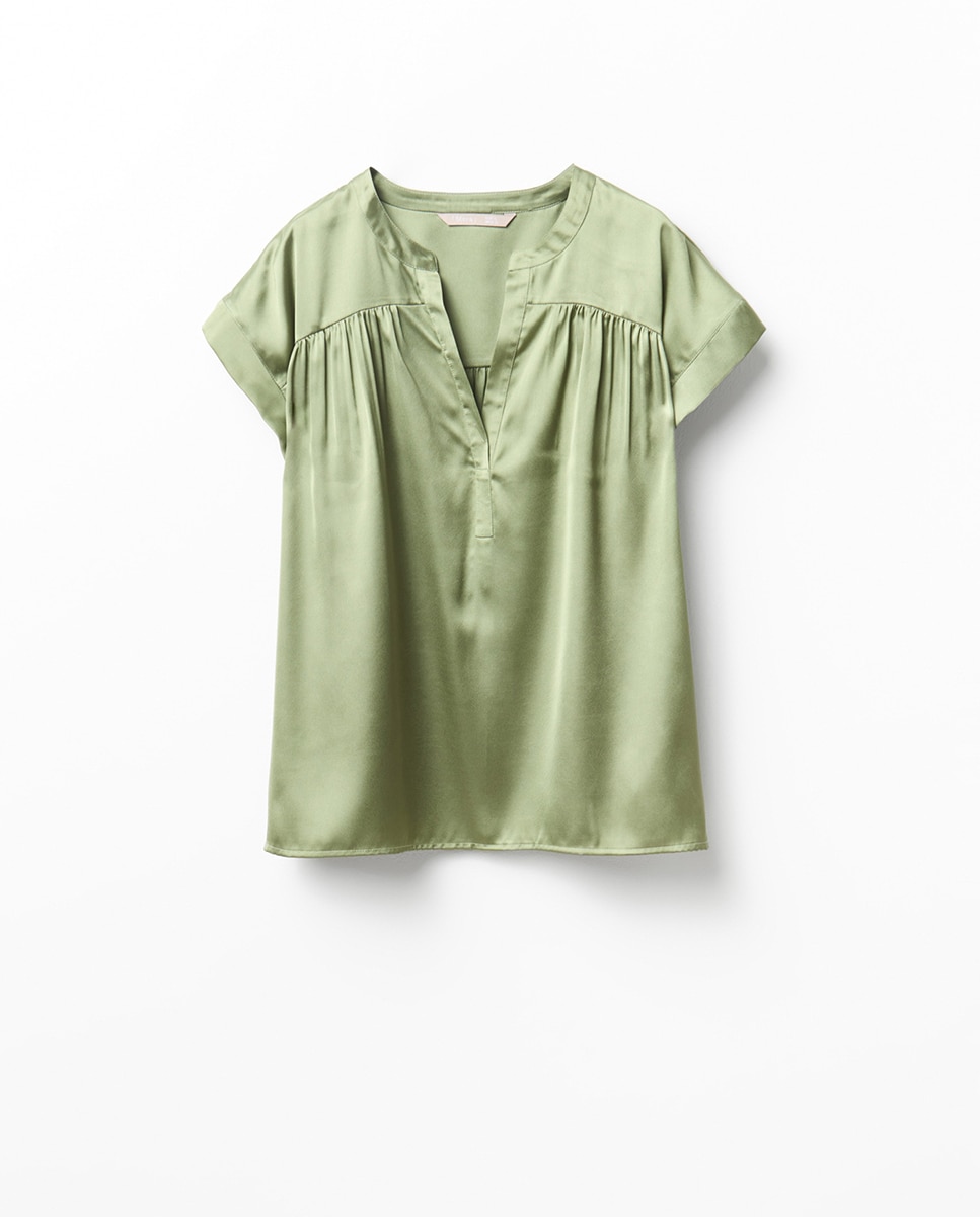 Top acetinado com decote em bico Verde-claro-5
