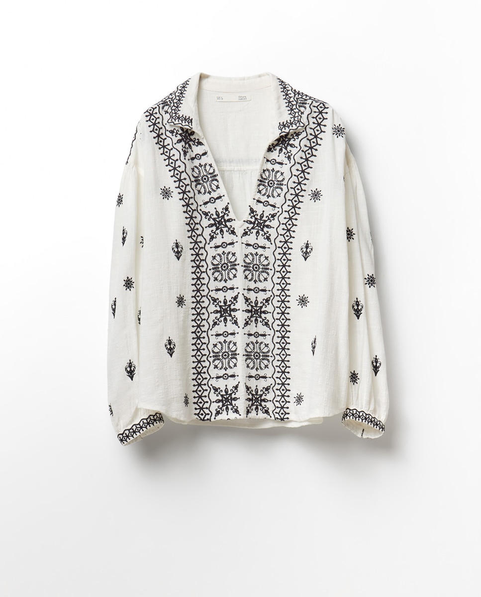 Blusa com bordados em contraste Branco-marfim-5