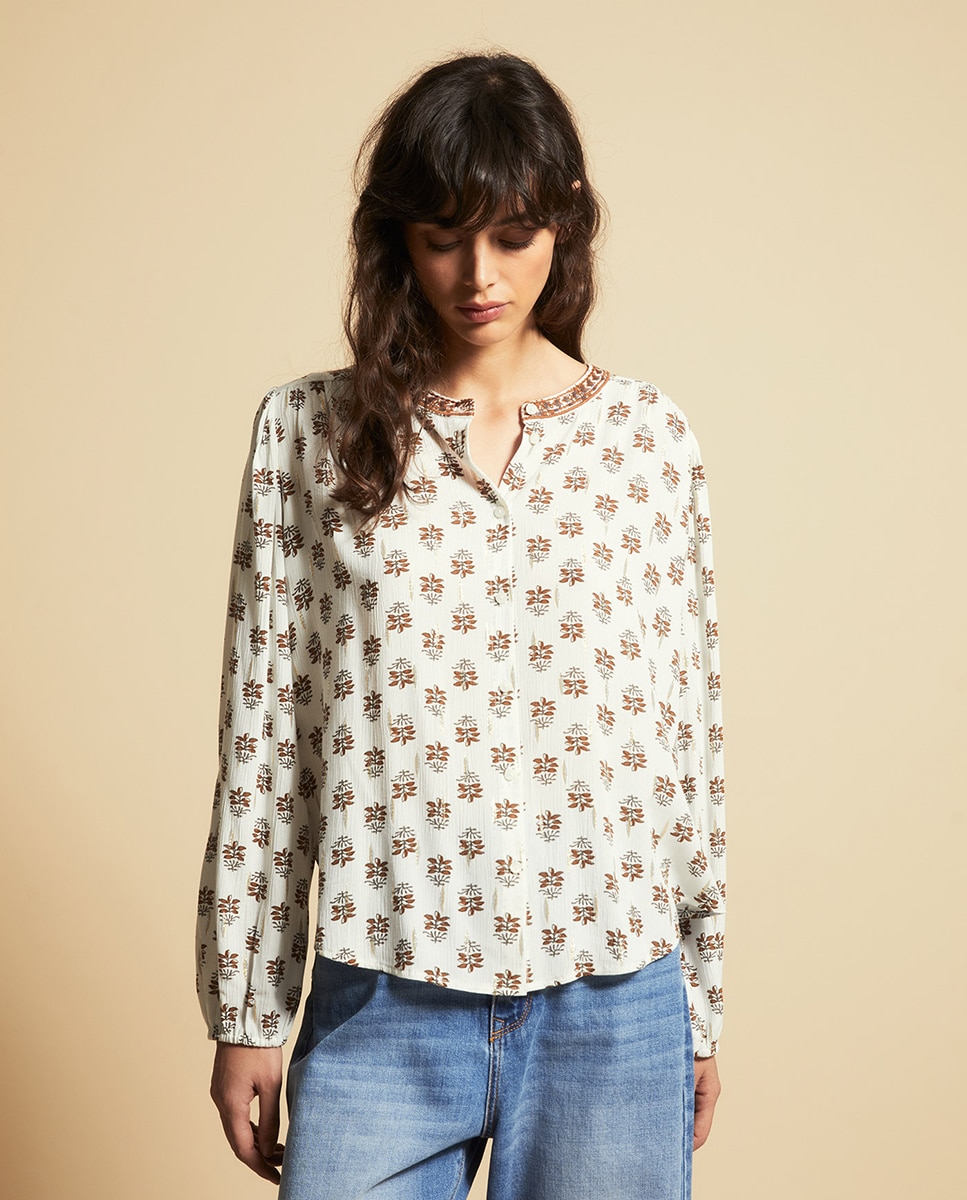 Blusa com Estampado de Fio Metalizado Cru-1