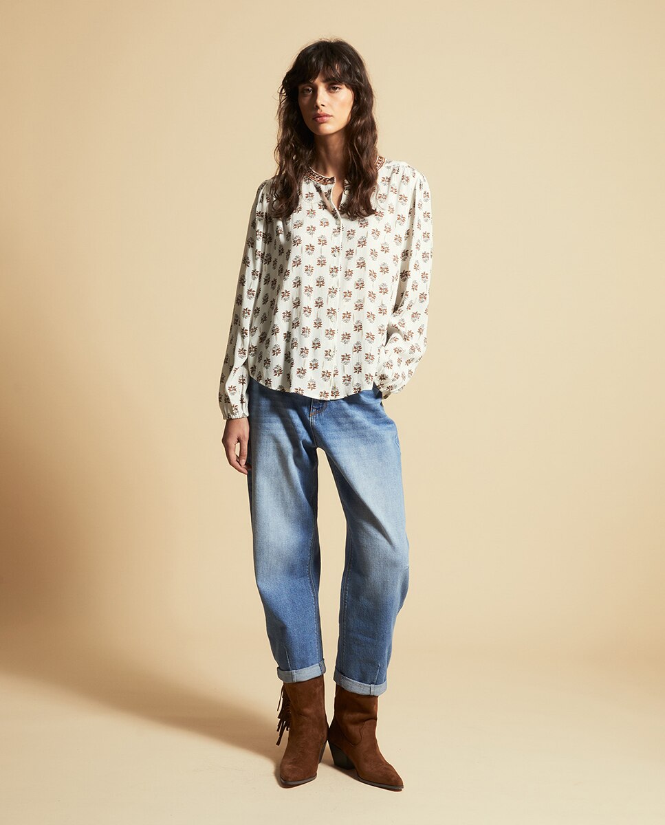 Blusa com Estampado de Fio Metalizado Cru-2