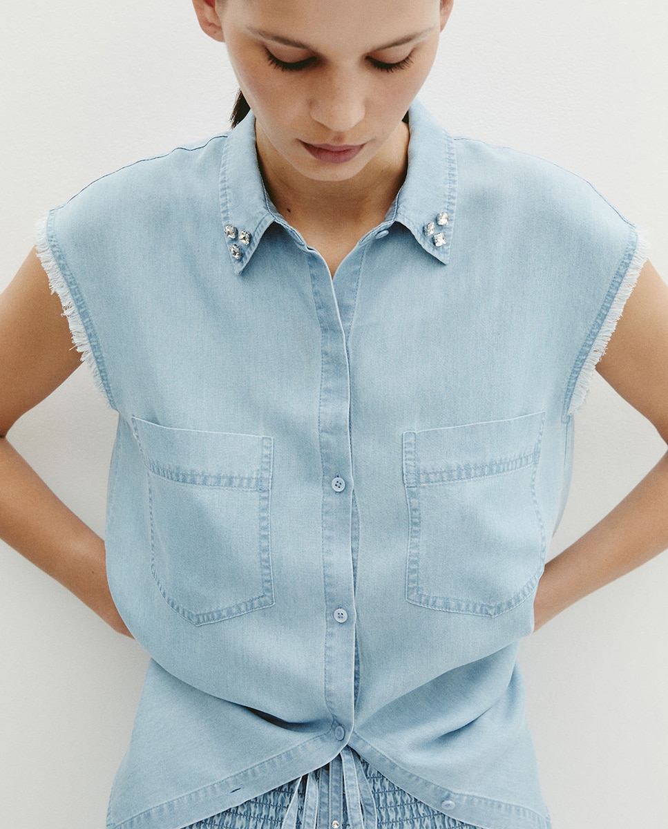 Camisa de Tencel com Lavagem Azul-claro-3