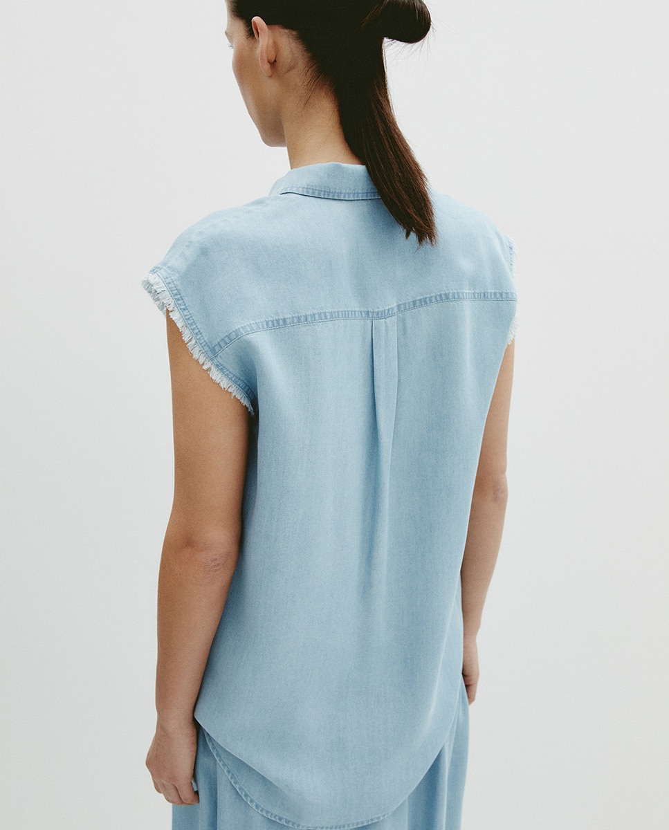 Camisa de Tencel com Lavagem Azul-claro-5