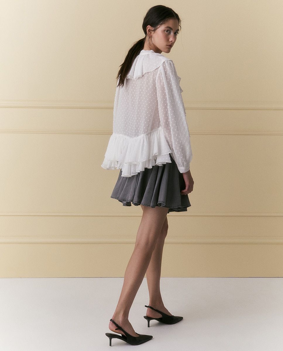 Blusa de plumeti com folhos Branco-marfim-3
