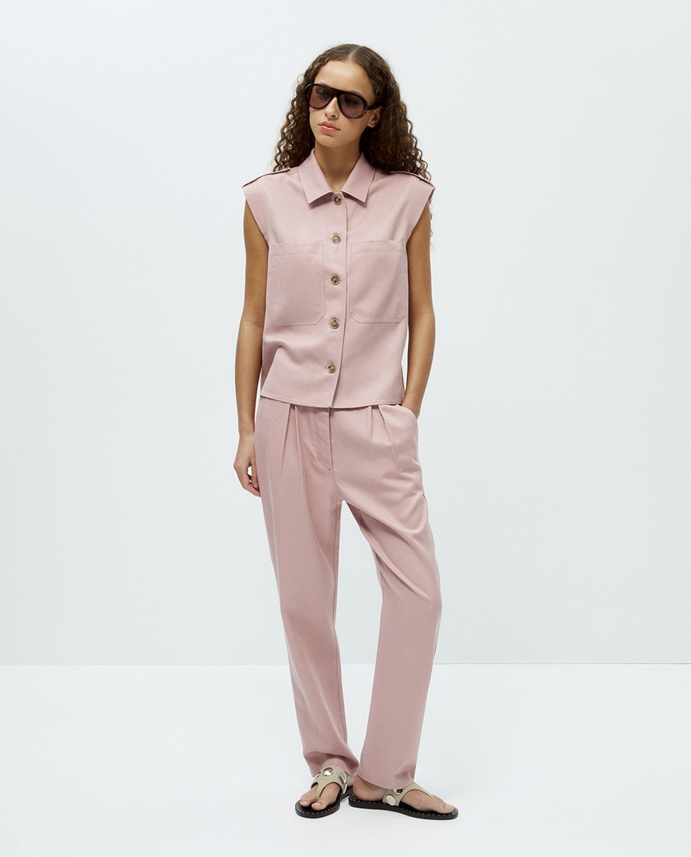 Colete com Bolsos de Tencel Rosa-2