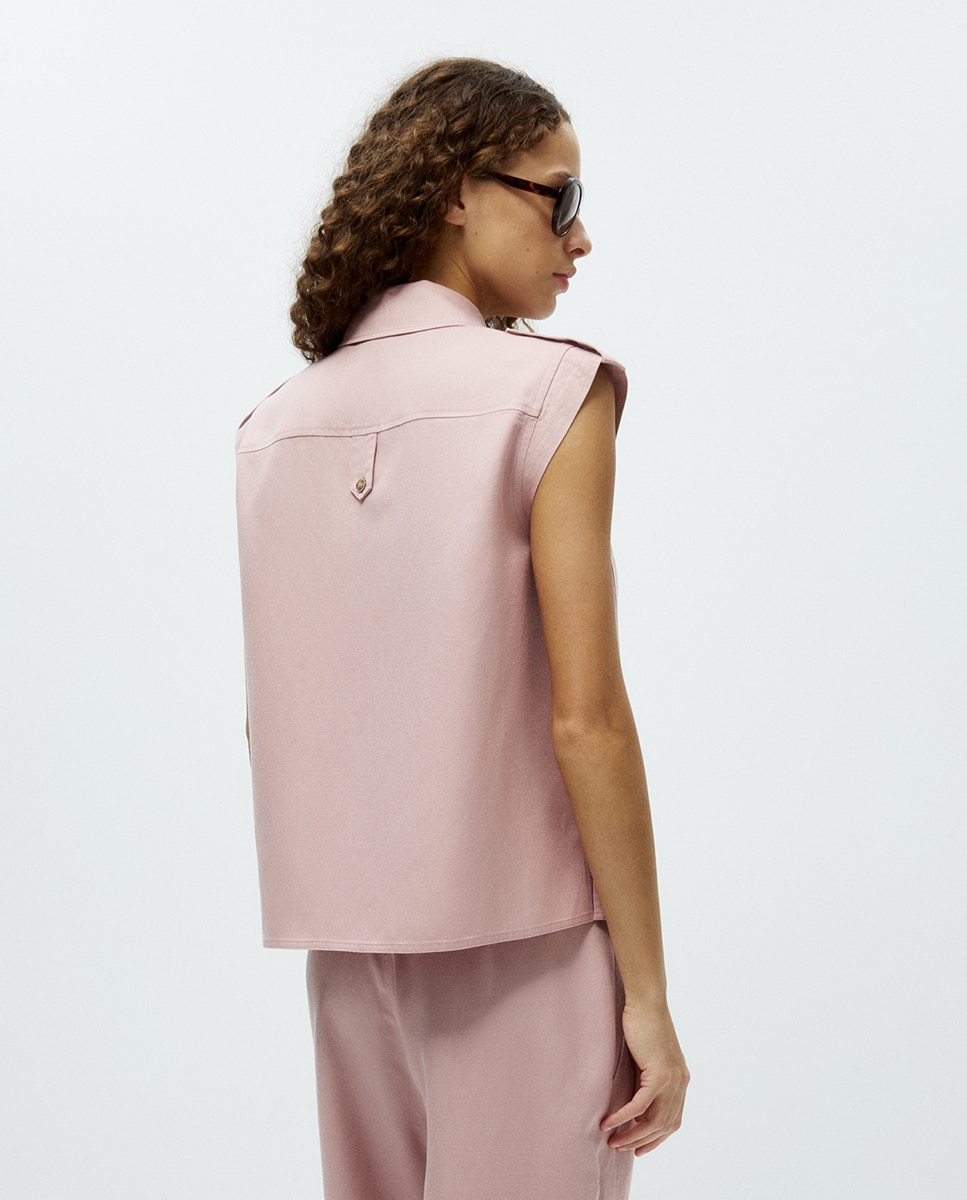 Colete com Bolsos de Tencel Rosa-4
