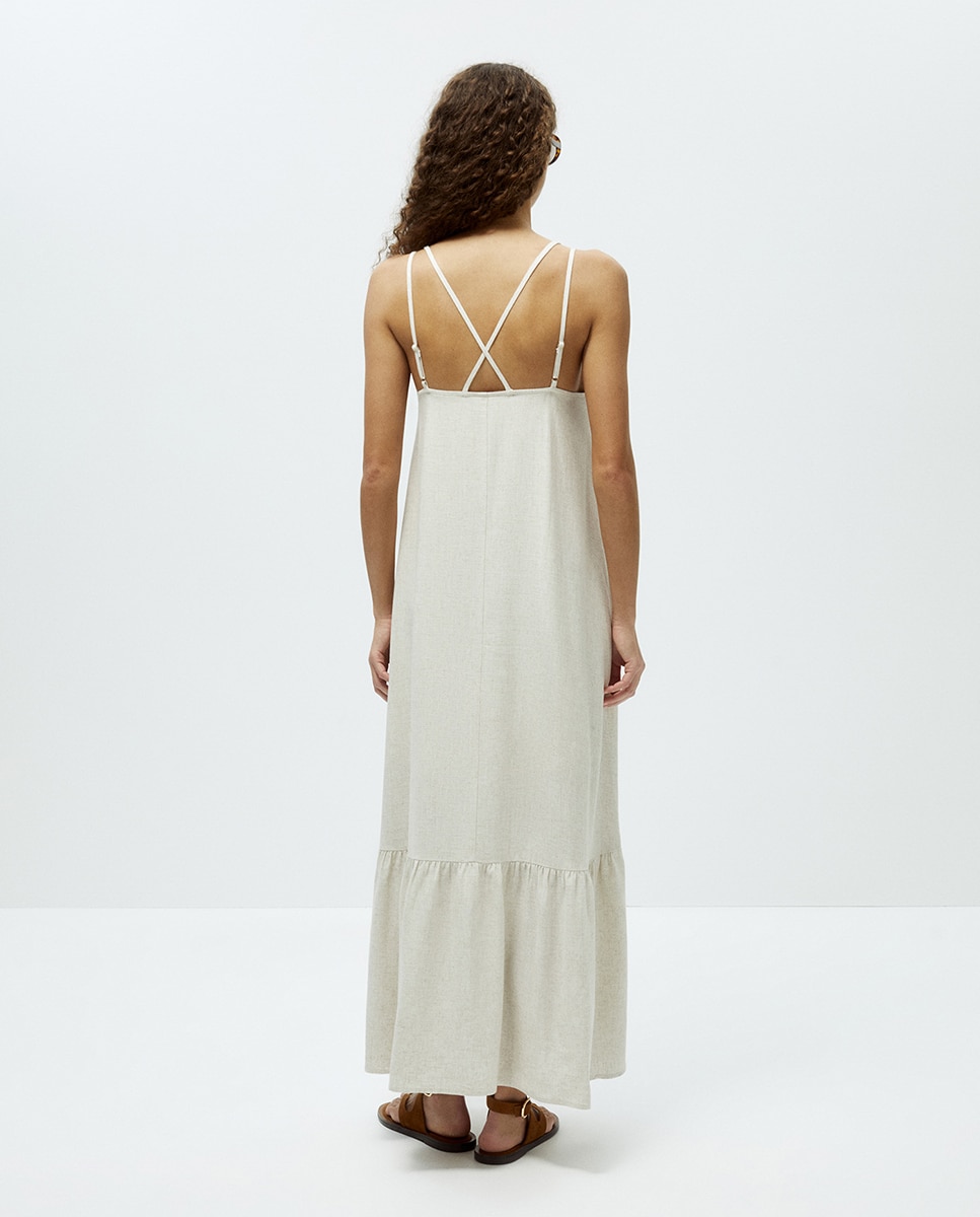 Vestido com peitilho bordado Bege-6