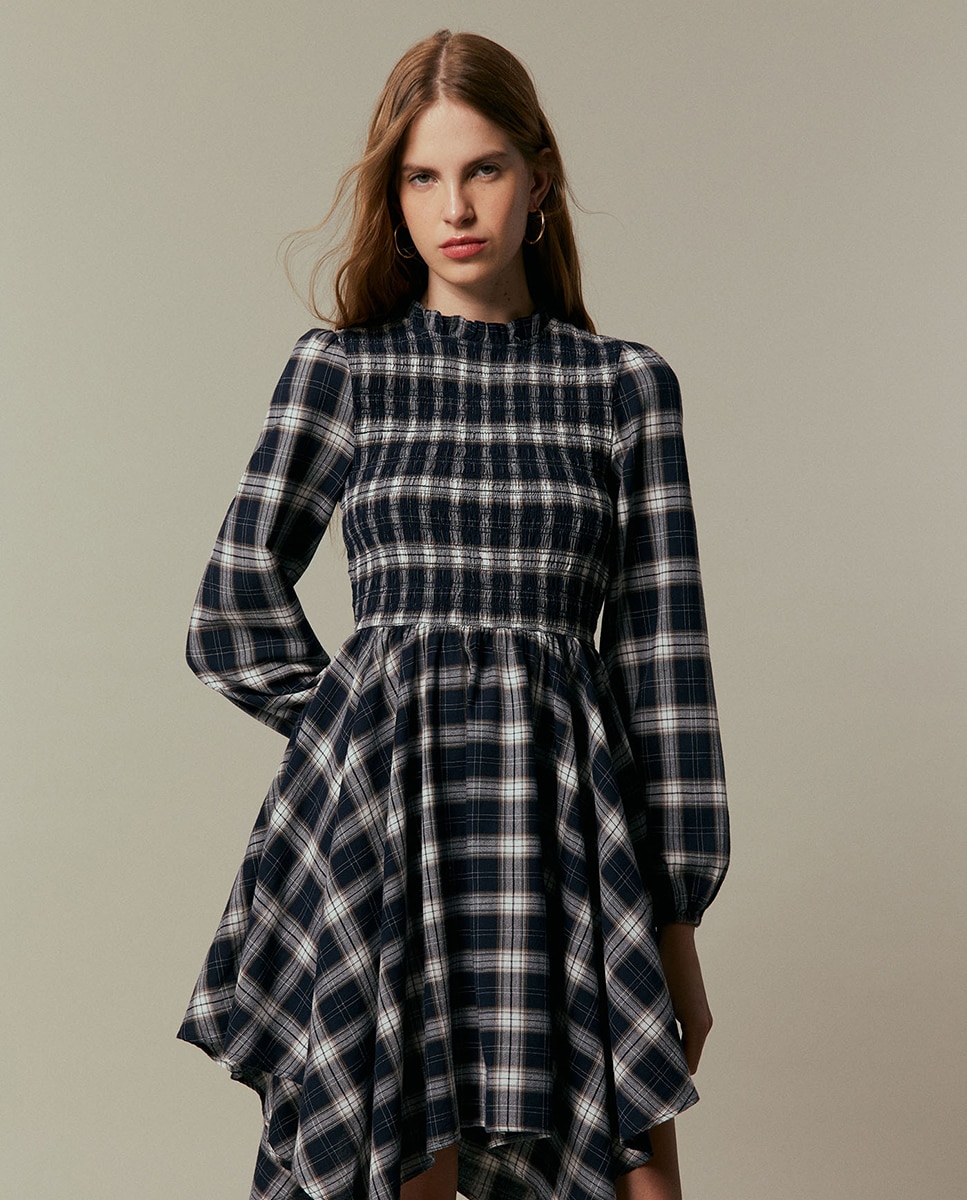 Vestido aos Quadrados com Elásticos Azul-marinho-2