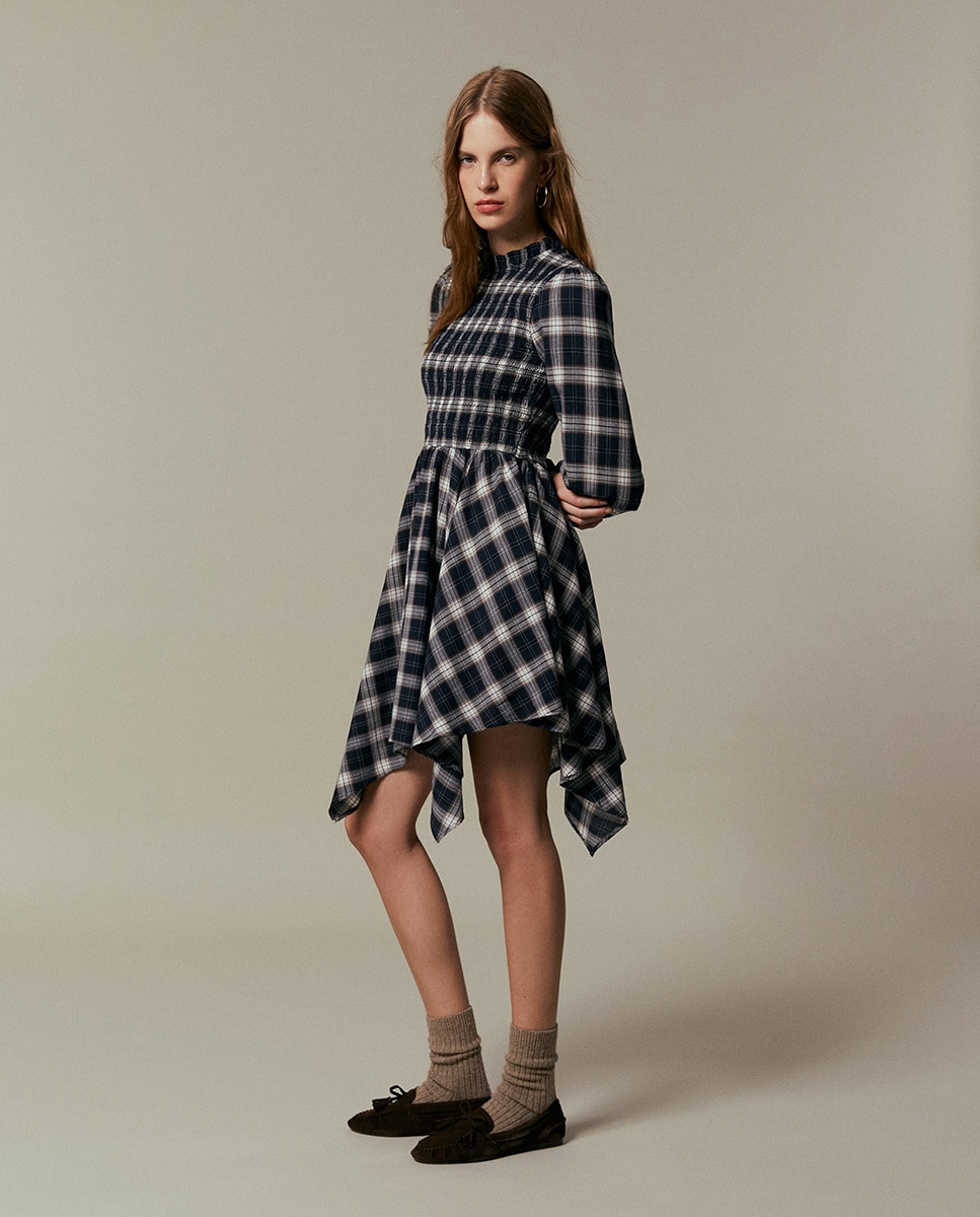 Vestido aos Quadrados com Elásticos Azul-marinho-4
