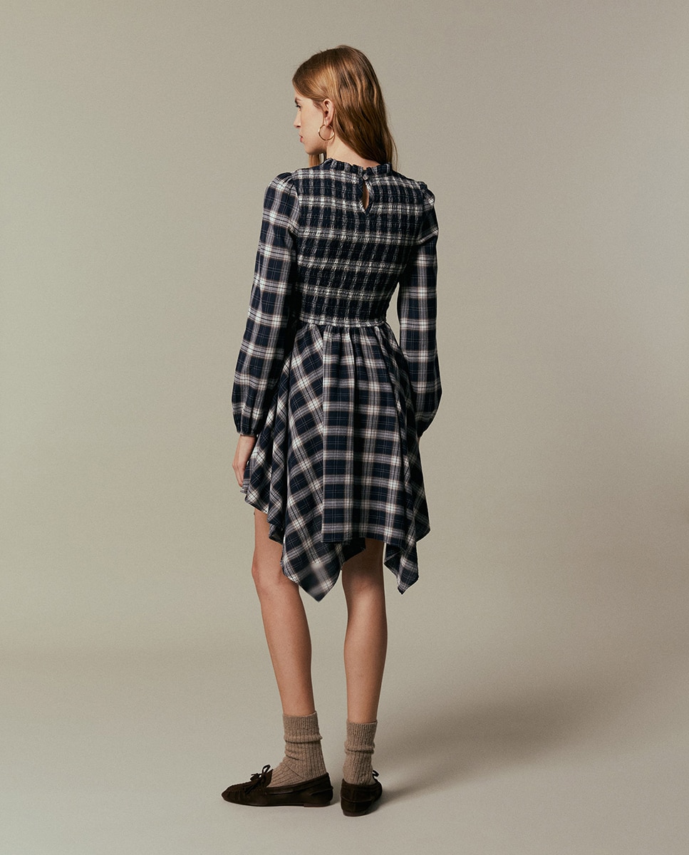 Vestido aos Quadrados com Elásticos Azul-marinho-5