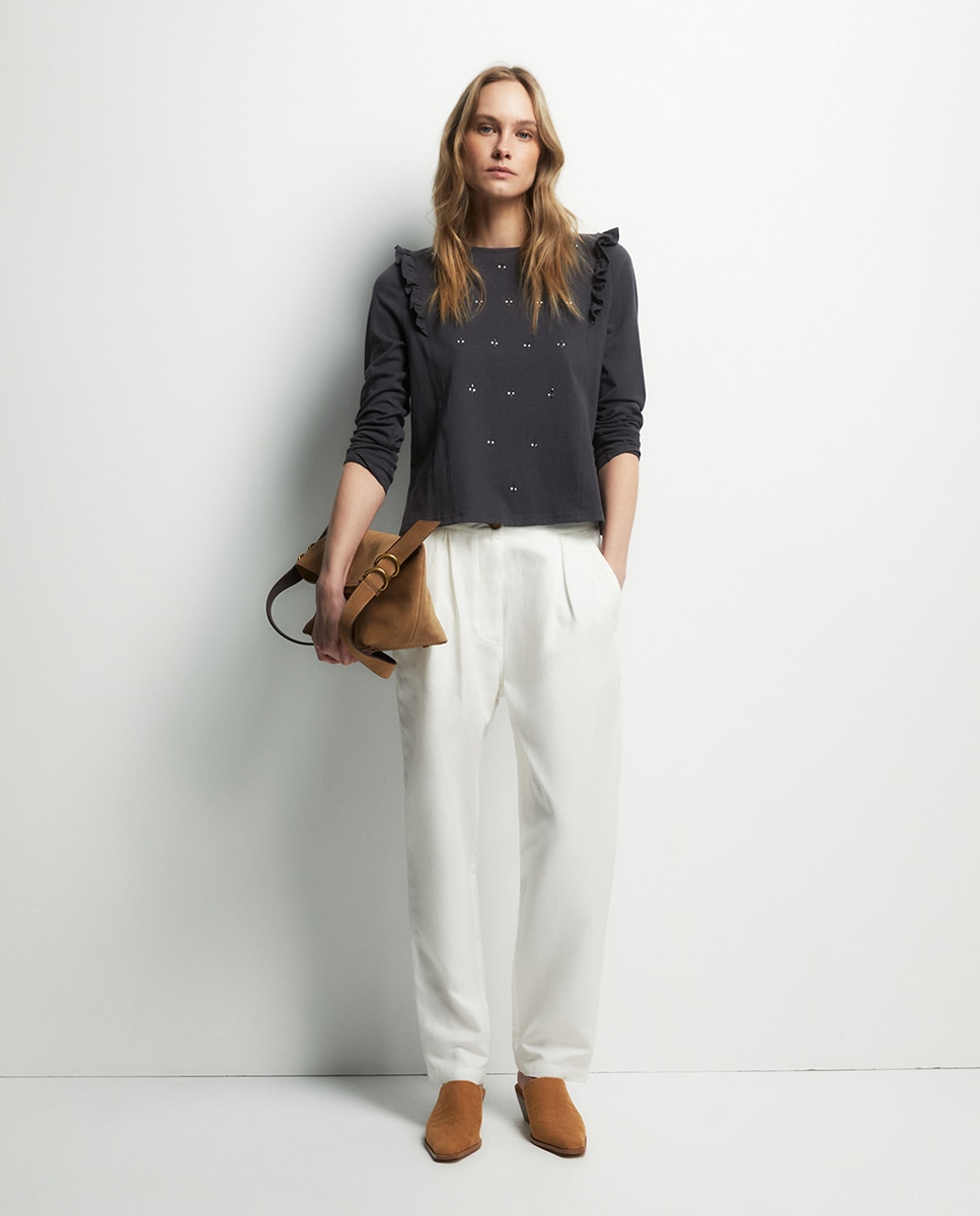 T-shirt com folhos Cinzento-2