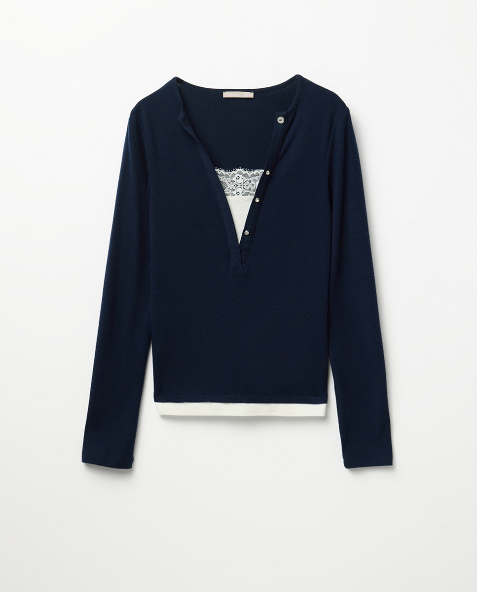 T-shirt com Detalhe de Renda Azul-marinho-6