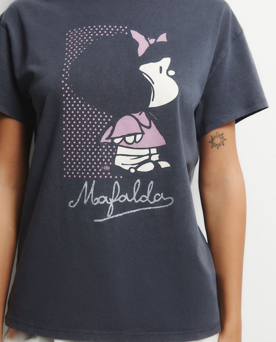 T-shirt Mafalda com Glitter Cinzento-3