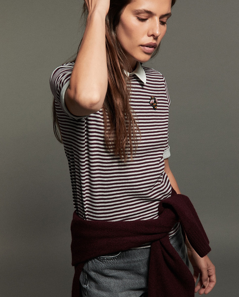 T-shirt Tipo Polo com Risca 291 Beringela-3