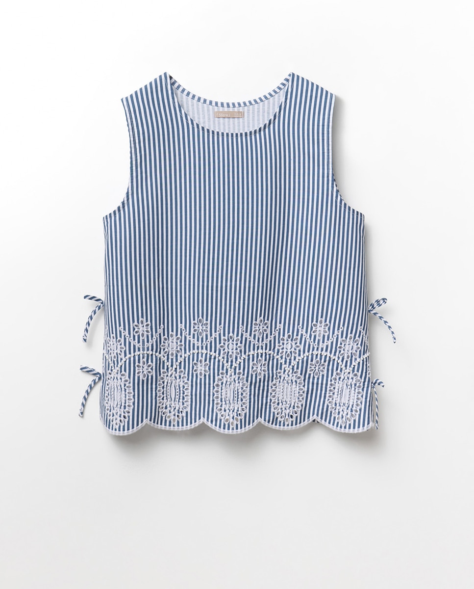 T-shirt com Bainha Bordada Azul-6
