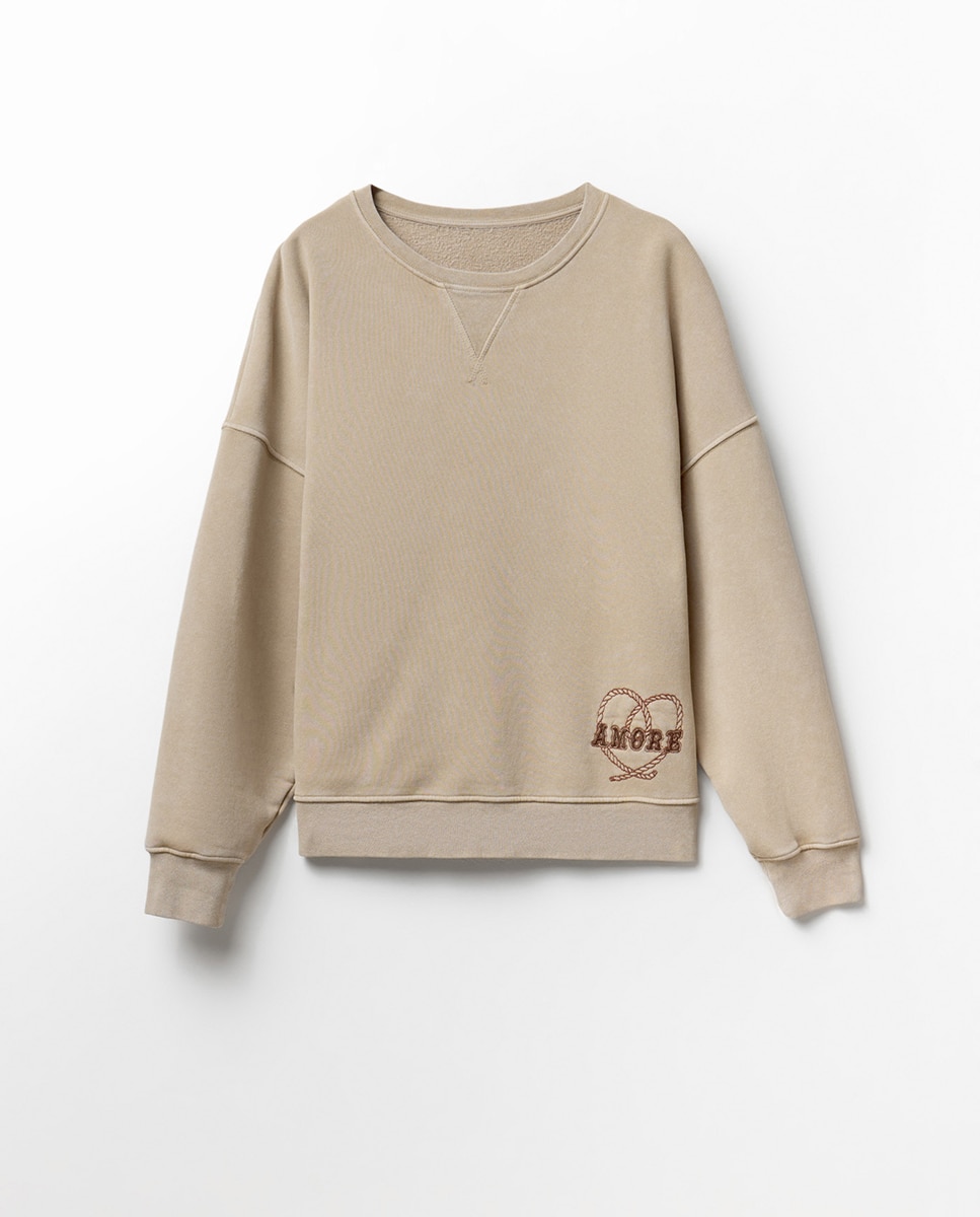Sweatshirt com Bordado e Lavagem Bege-6