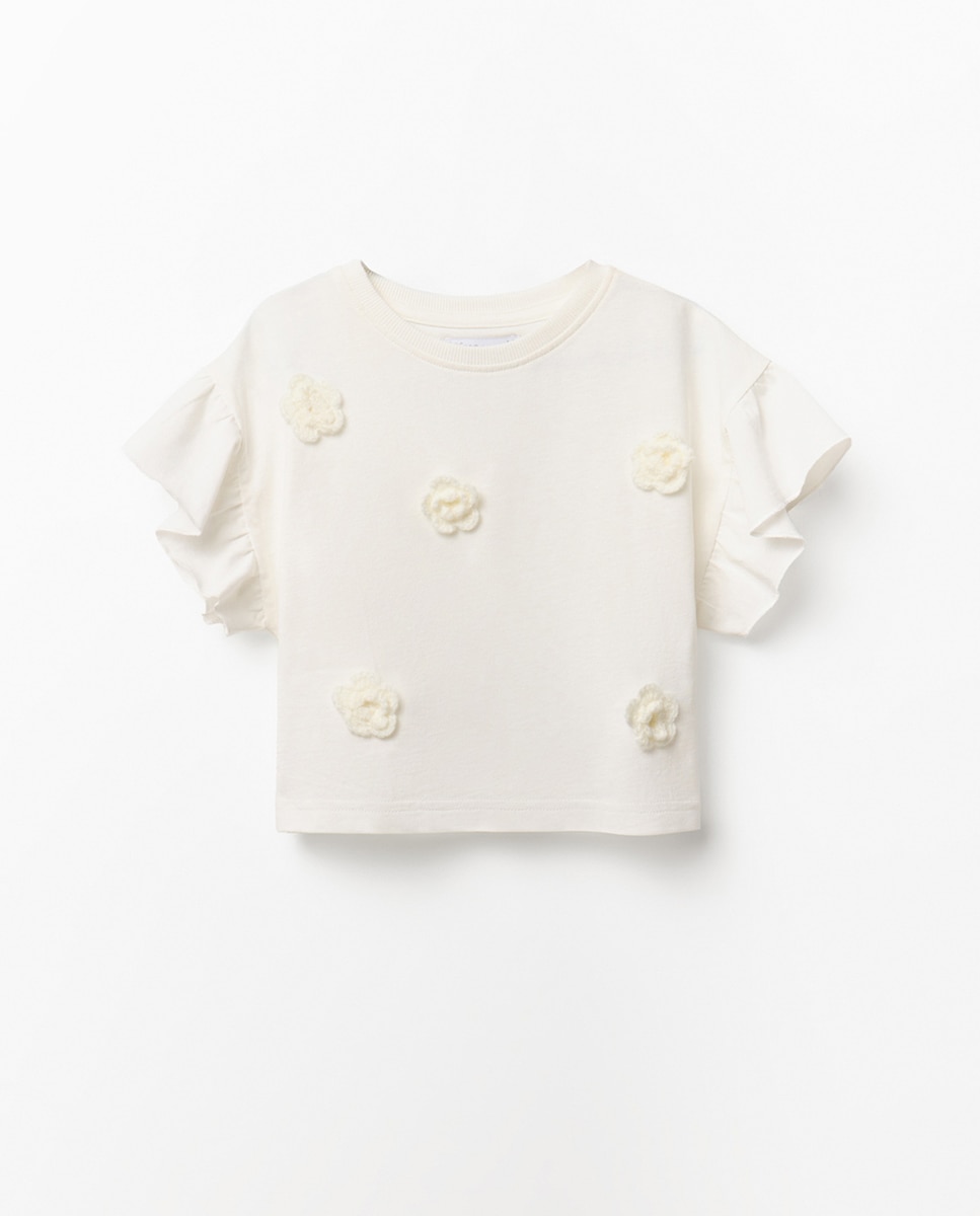 T-shirt com Estampado Floral em Tricot Sfera Cru-1