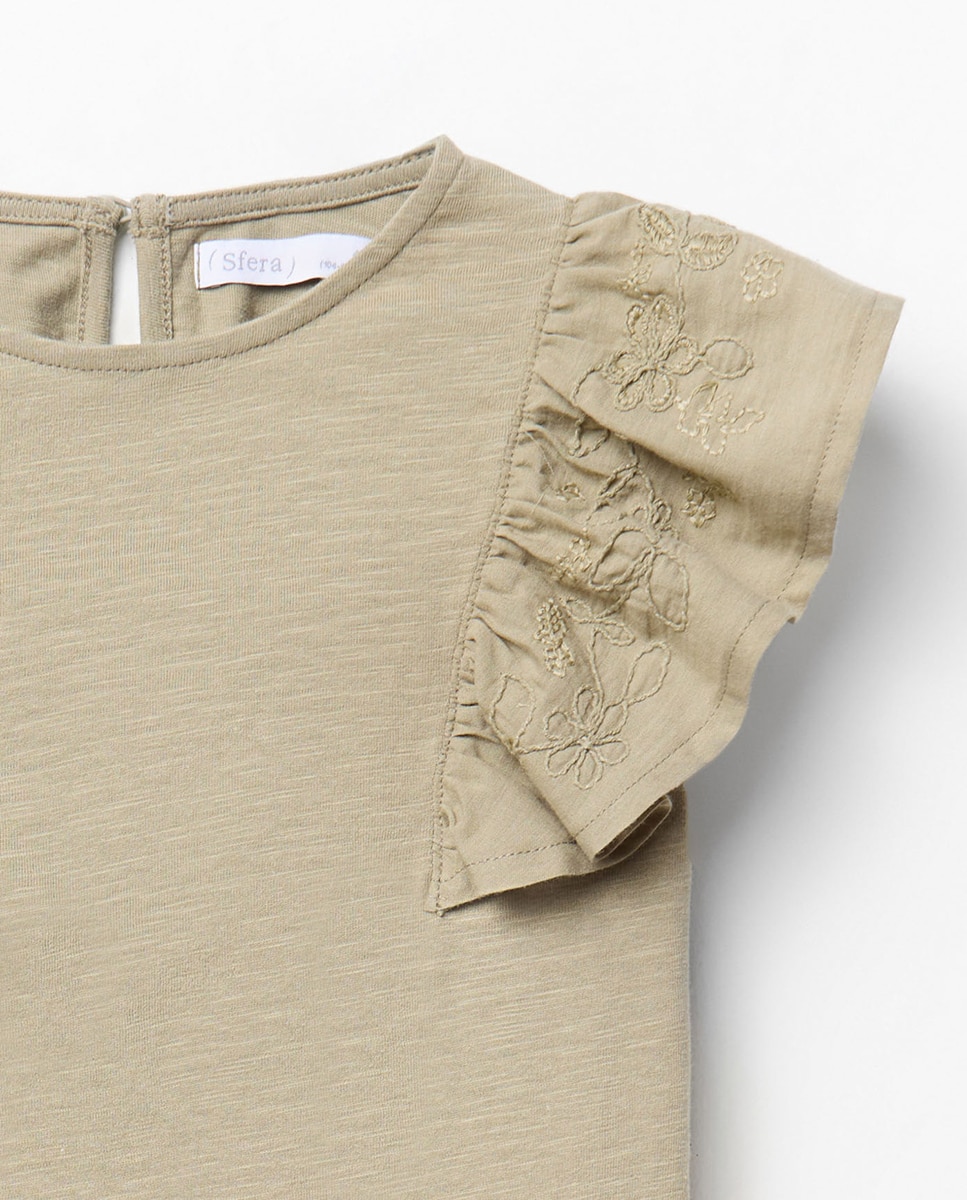 T-shirt com Manga Bordada Sfera Caqui-2