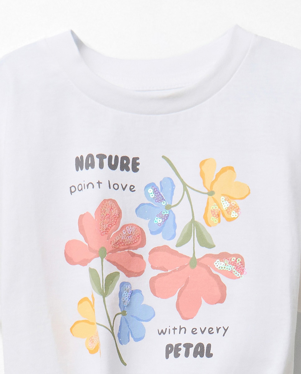 T-shirt com Nó e Estampado Floral Sfera Cru-2