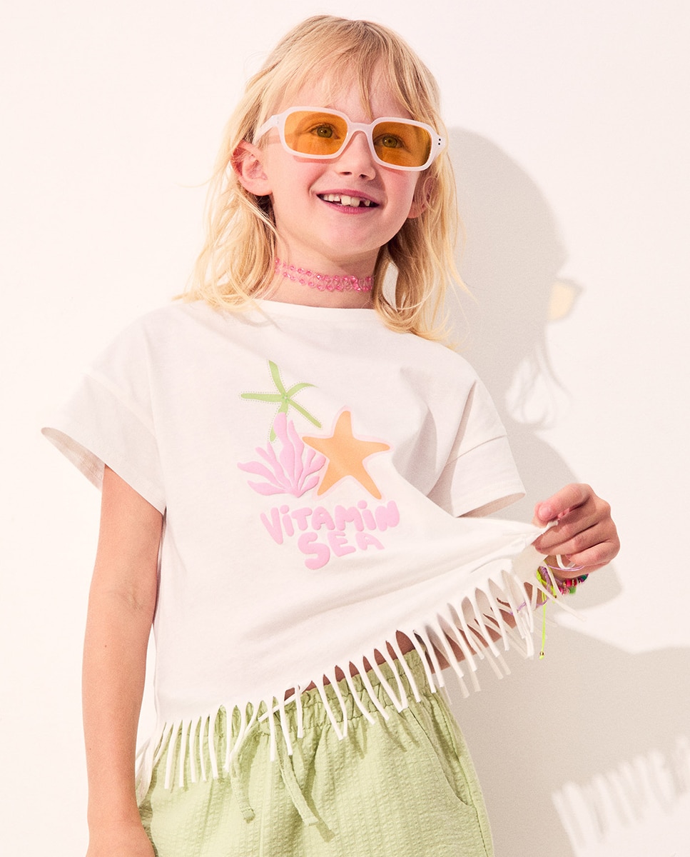 T-shirt com Franjas Estrela Sfera Branco-4
