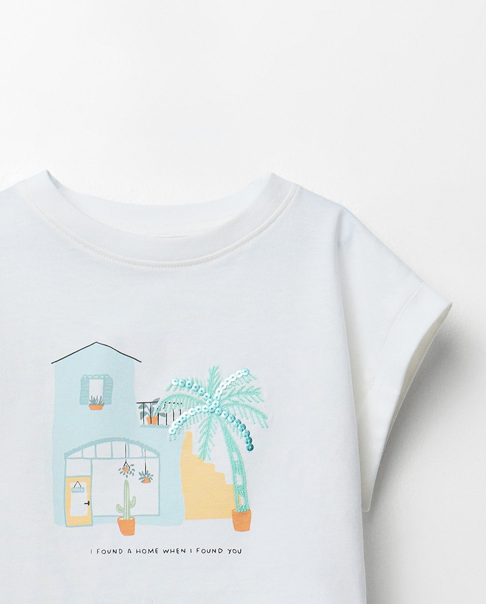 T-shirt com Detalhe de Palmeira Sfera Branco-marfim-2