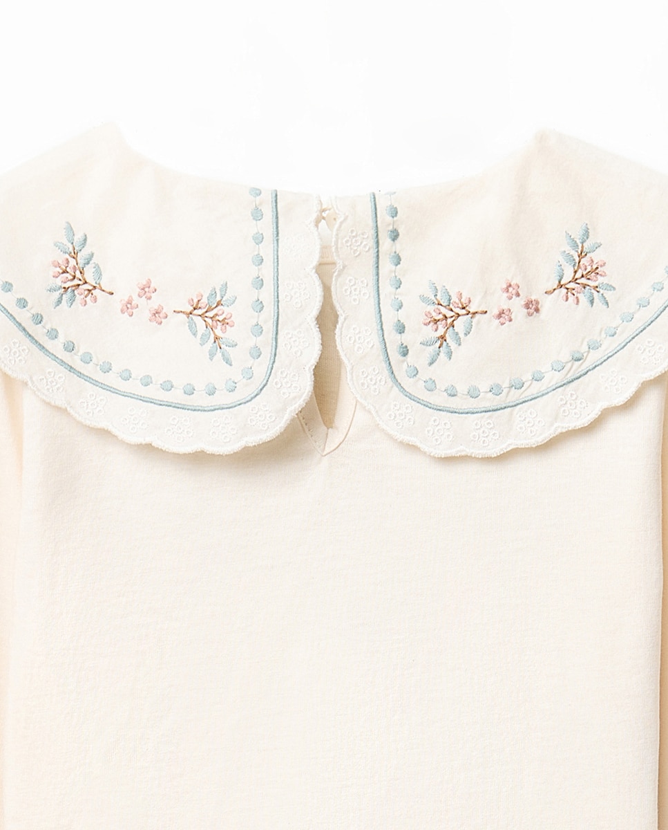 T-shirt com Fantasia e Gola Bordada Sfera 120 Cru-4