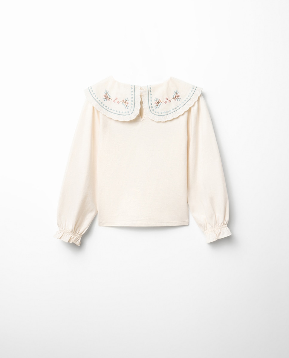 T-shirt com Fantasia e Gola Bordada Sfera 120 Cru-5