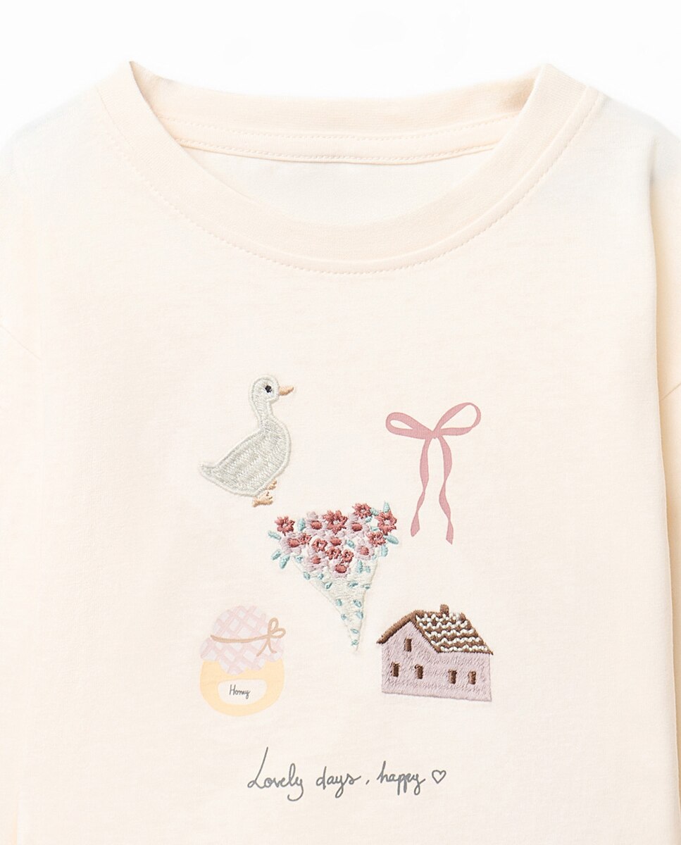 T-shirt com Motivos Bordados Sfera 120 Cru-2