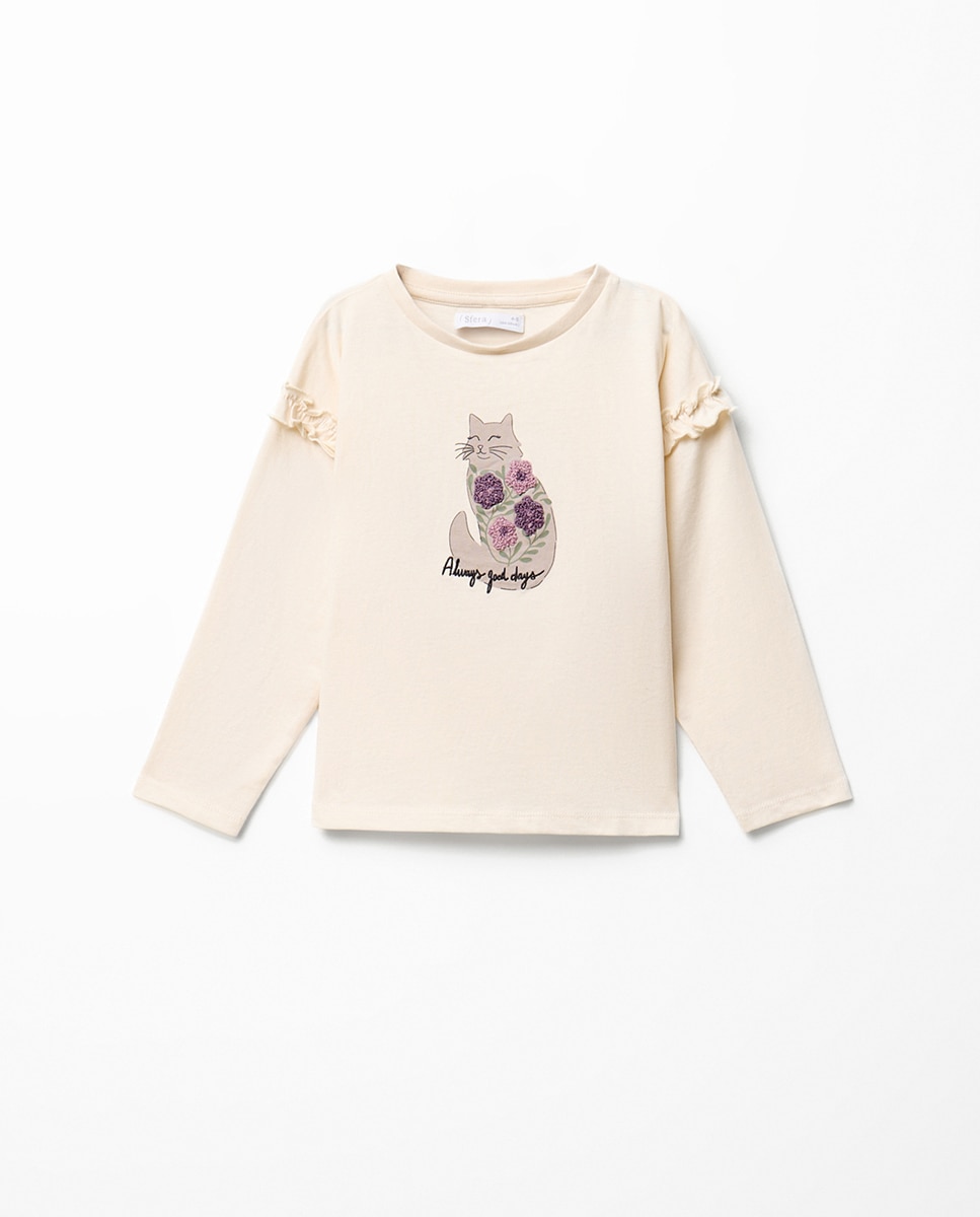 Imagem 0 de T-shirt em Tecido de Toalha com Gata e Estampado Floral