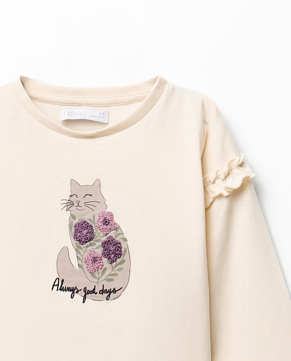 T-shirt em Tecido de Toalha com Gata e Estampado Floral 120 Cru-2