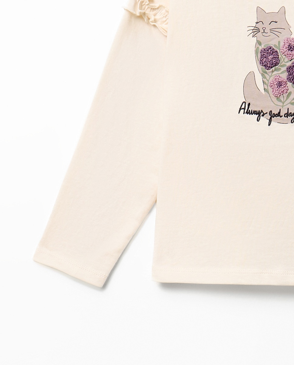 T-shirt em Tecido de Toalha com Gata e Estampado Floral 120 Cru-3