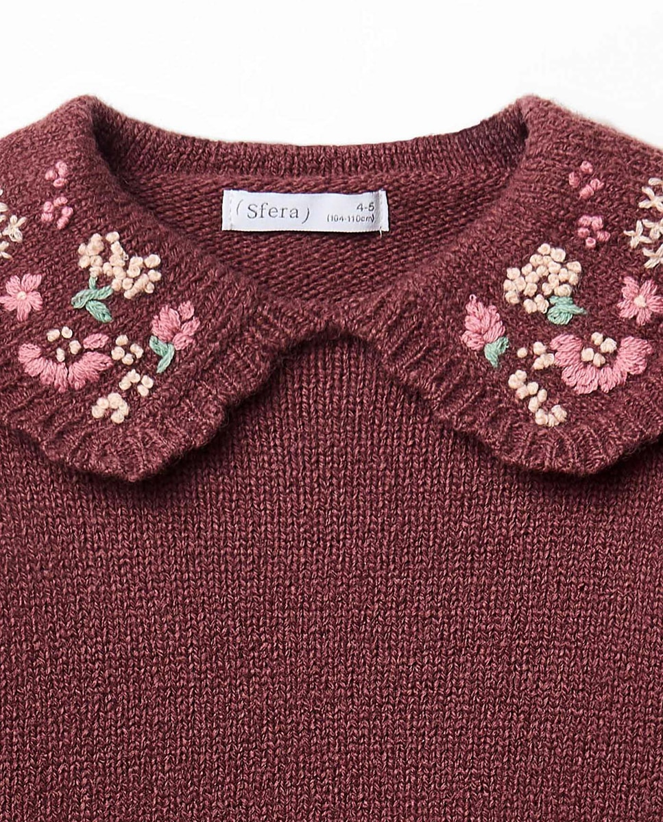 Camisola de Malha com Gola de Tricot com Bordado Ameixa-2