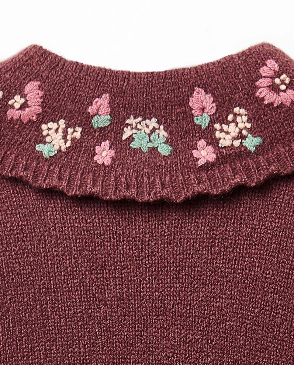 Camisola de Malha com Gola de Tricot com Bordado Ameixa-4