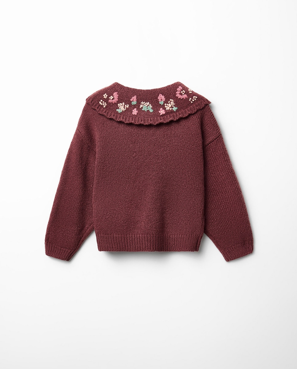 Camisola de Malha com Gola de Tricot com Bordado Ameixa-5